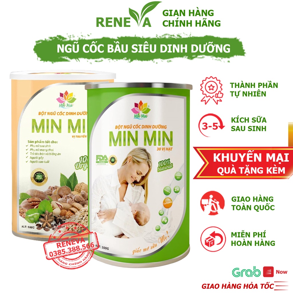 Ngũ Cốc Min Min lợi Sữa [Hộp 500gr], Ngũ Cốc Dinh Dưỡng 30 Hạt Cao Cấp Mẫu Mới, Ngũ Cốc Bầu Số 1 Việt Nam NCMM1 RENEVA