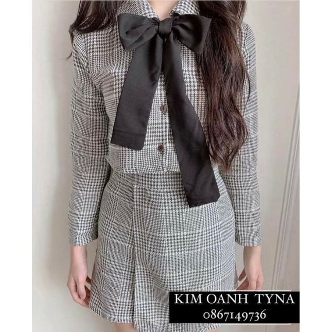 Set váy dạ kẻ kèm nơ