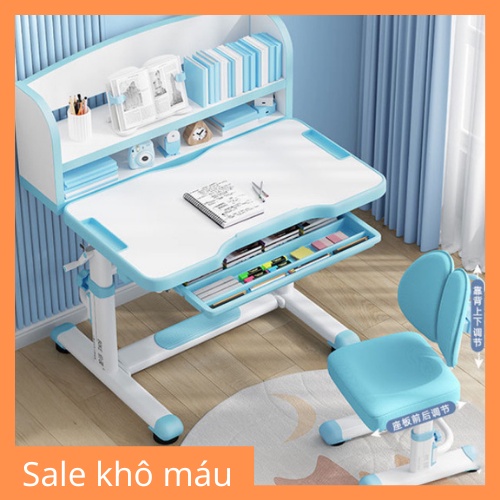 Bộ bàn ghế học sinh chống gù, chống cận - Bàn học thông minh kèm giá sách cho bé tăng chỉnh chiều cao BAH059