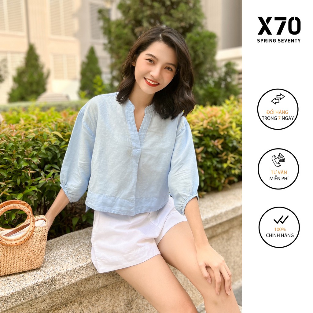Áo Sơ Mi Kiểu Nữ Cổ Trụ Linen Thiết Kế Tay Phồng Vạt Áo Cách Điệu Thời Trang X70 - 01540001