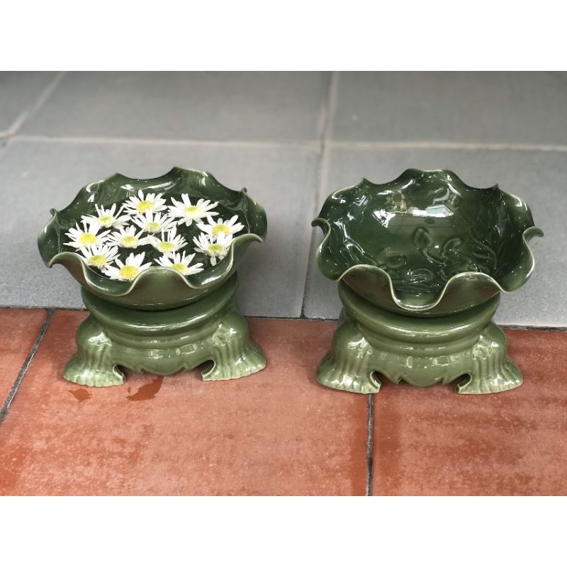 Bát Sen Xanh Ngọc Bích Thả Hoa Tắm Phật - Bát Minh Đường Tụ Thuỷ-Gốm sứ Bát Tràng Thờ Cúng Phong Thủy