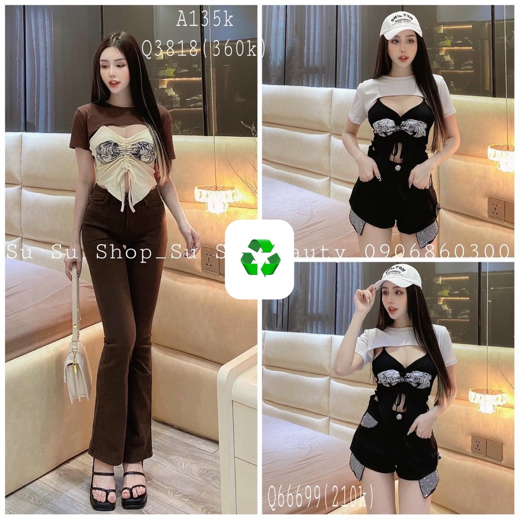 Áo kiểu tay ngắn khoét ngực rút dây giữa in hình cô gái 2 bên ngực cực xinh , chất thun gân mềm mịn