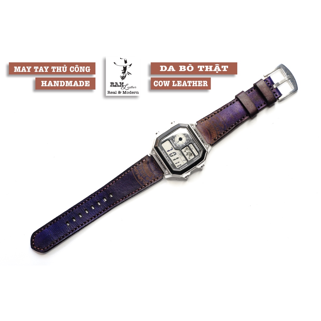 Dây Casio AE 1200 da bò màu tím RAM Leather Violet - tặng khóa chốt và cây thay dây