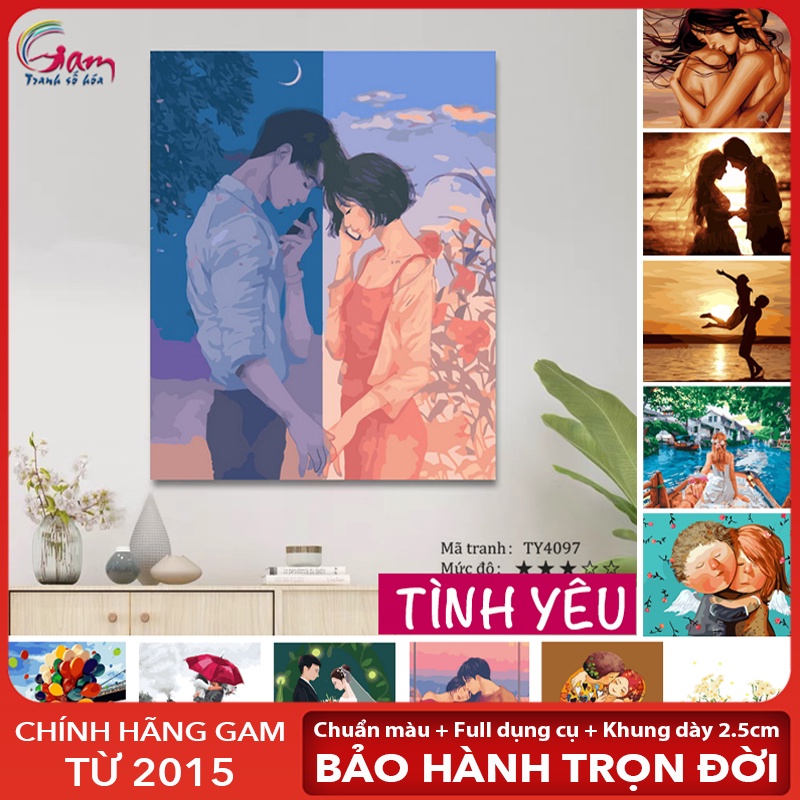 Tranh số hoá tự tô màu theo số cho người lớn Tranh tình yêu nắm tay đi khắp thế gian có khung dày 2.5cm