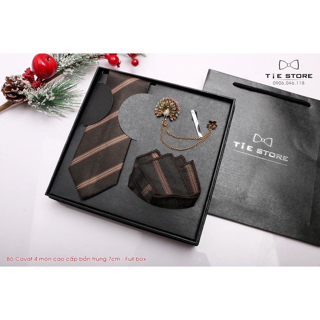 [ QUÀ TẶNG ] Cavat Bộ Cao Cấp Hàn Quốc 4 món Phụ Kiện - Full box kèm túi xách, Cavat nâu kẻ