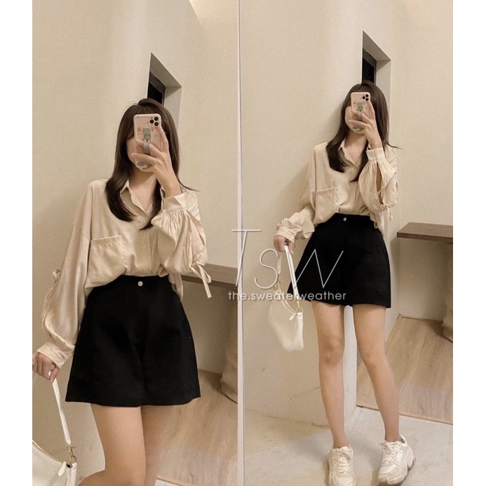 [Ảnh thật/Sẵn/Video]Quần sooc thô khuy lệch chun sau/Quần sooc thô style Ulzzang