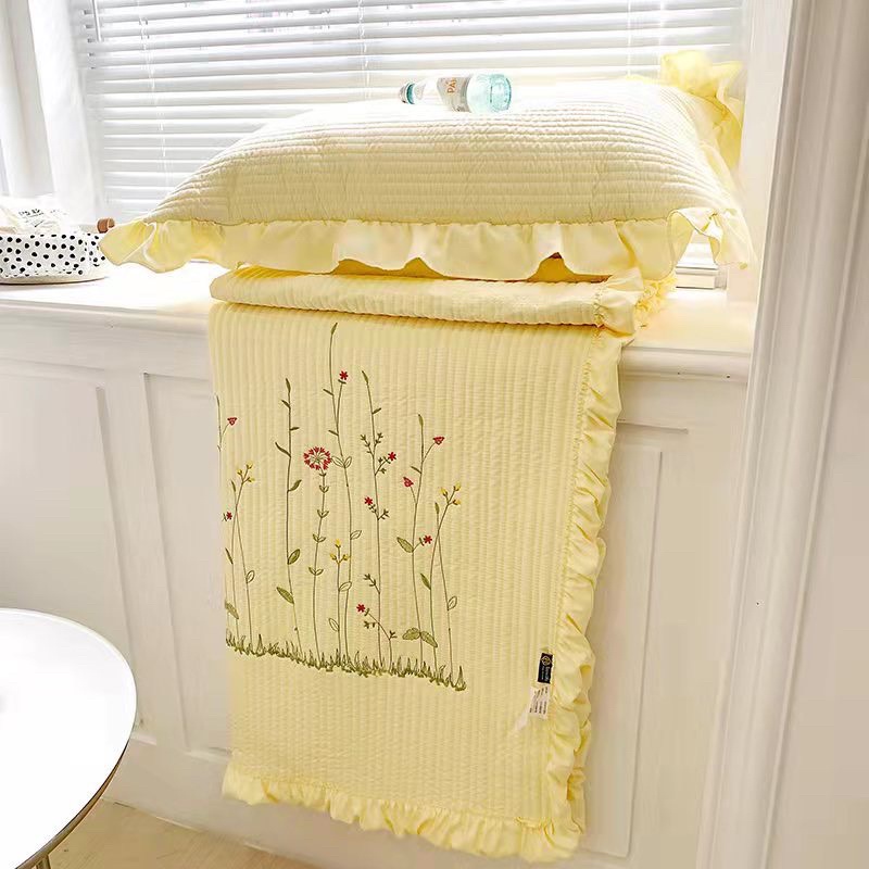 Bộ chăn ga gối cotton bèo hàn quốc thoáng mát, chăn trần hè thêu hoa 2 mặt cao cấp không xổ lông, phai mầu sẵn hàng
