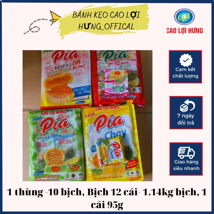 Freeship_Combo 4 vị bánh Pía đậu xanh sầu riêng, lá dứa sầu riêng, kim sa tan chảy, Chay Cao Lợi Hưng, Bịch 12 cái_95g/c