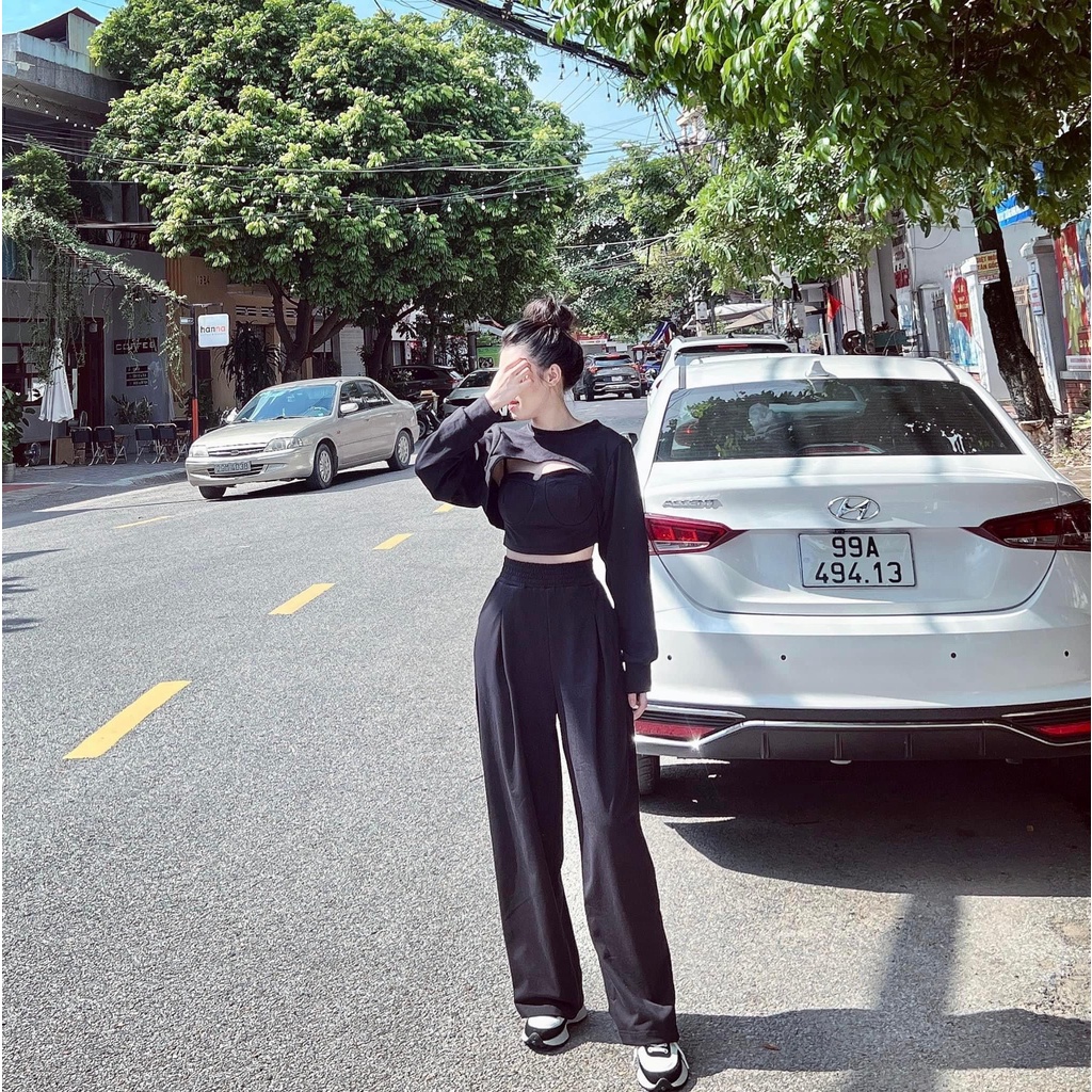 Set 3 món len croptop quần ống rộng áo khoét ngực kèm bra 2 dây DN250
