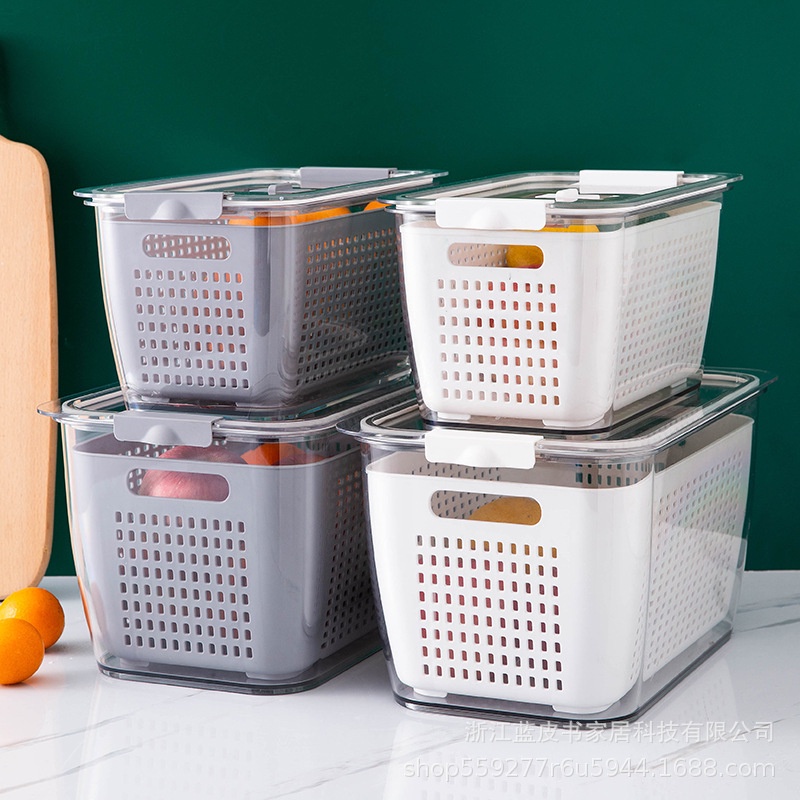 Hộp Đựng Thực Phẩm 2 Lớp Có Lỗ Thoát Nước Để Tủ Lạnh, Bảo Quản Rau Củ Hoa Quả , Chất Liệu Nhựa An Toàn
