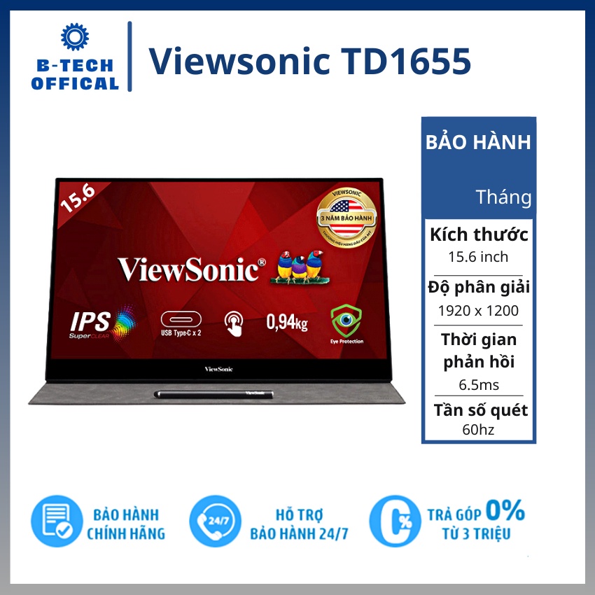 Màn hình Viewsonic cảm ứng TD1655 /15.6inch/ FHD/ IPS/ 6.5ms/ 60Hz/ 250nits/ MiniHDMI+USBTypeC+Audio/ 15000hrs/ Touch