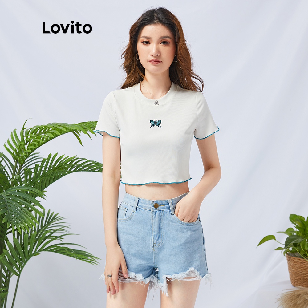 Áo thun Lovito cổ tròn in hình bướm thời trang phong cách thường ngày L11D09 (Màu trắng) | BigBuy360 - bigbuy360.vn