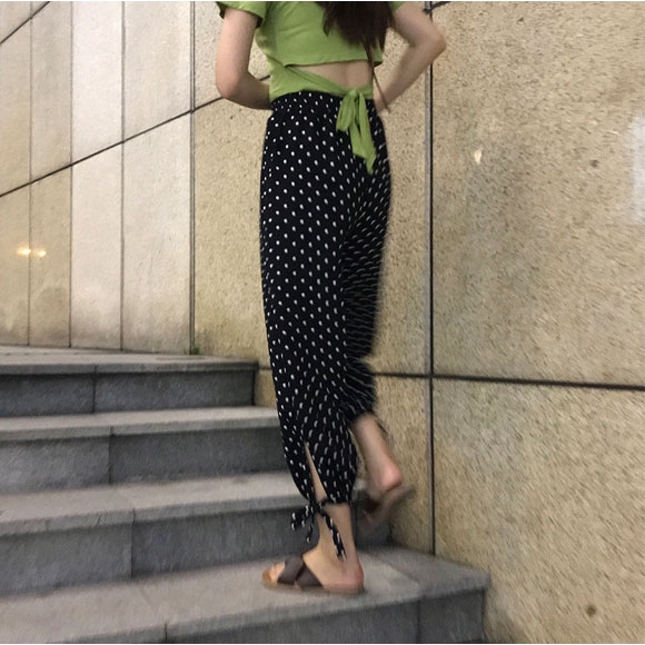 2pcs/women Wave point loose long pants + sexy short sleeve T-shirt | BigBuy360 - bigbuy360.vn