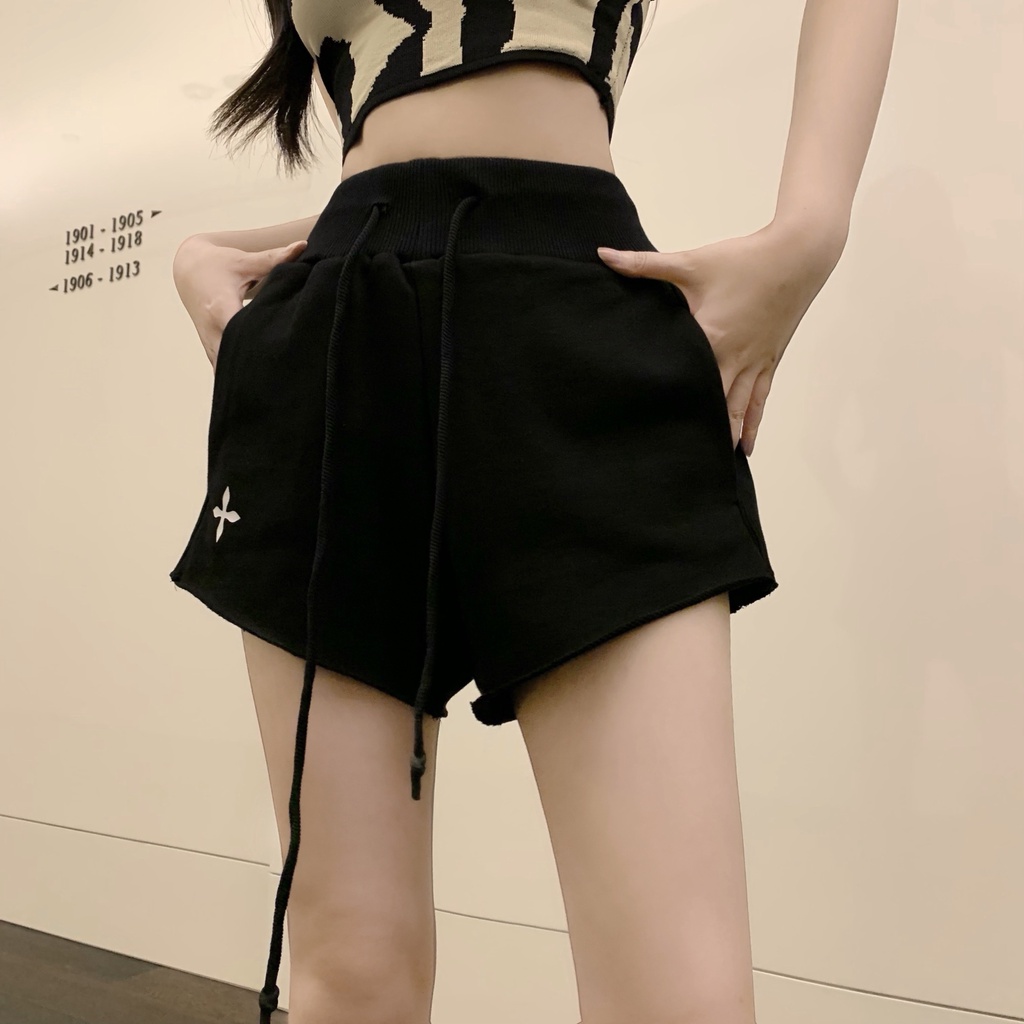 Quần Short Thể Thao Dáng Chữ a Lưng Cao Ống Rộng Màu Trơn Dễ Phối Đồ Thời Trang Phong Cách Hàn Quốc Cho Nữ