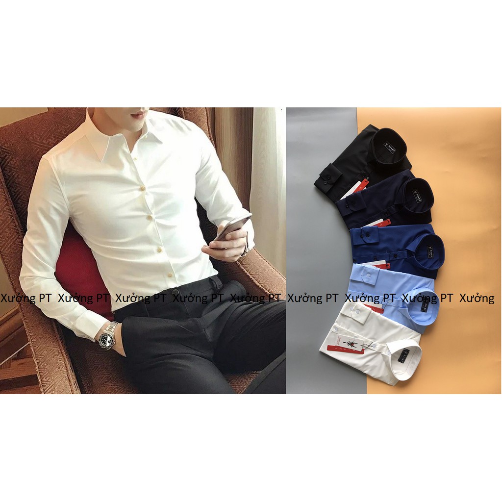 Áo sơ mi nam màu Trắng , Xanh nhạt , Xanh than , Xanh Lam và Đen chất nến trơn cotton thái siêu đẹp