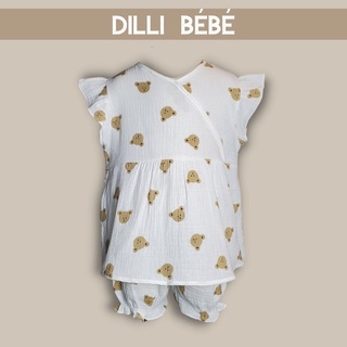 Đồ bộ áo cánh tiên quần bí cho bé gái trẻ em sơ sinh 12-24 tháng vải Muslin Gấu Teddy - Dilli Bebe