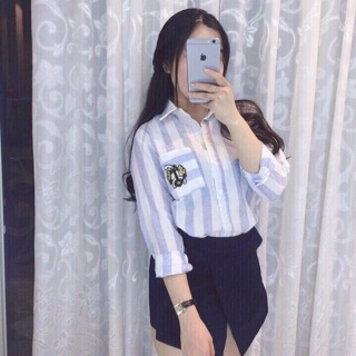 Áo sơmi sọc xanh logo vnxk
