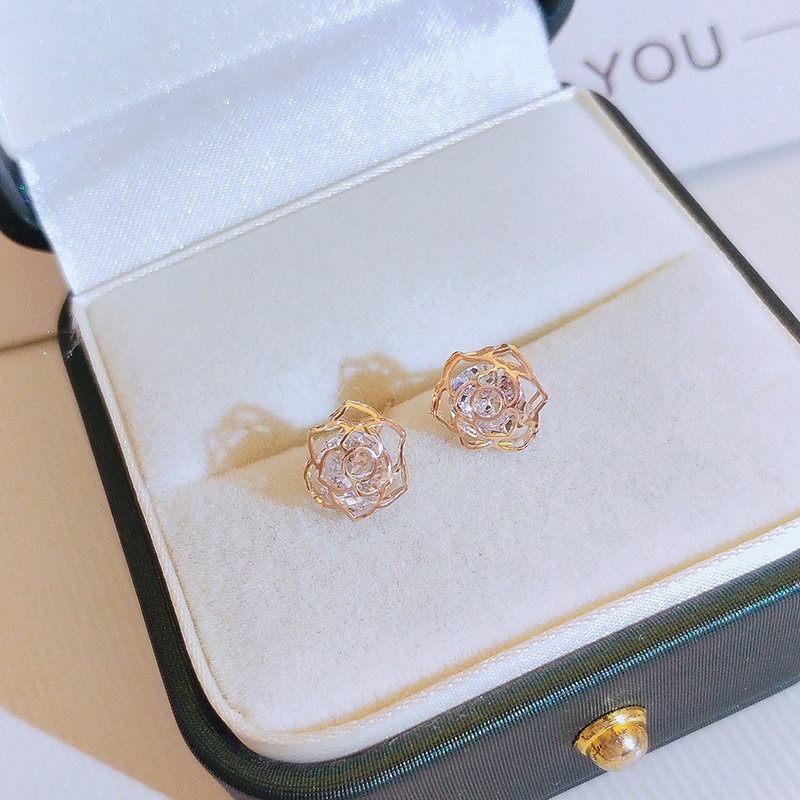 [Jiudolan] Bông Tai Hoa Hồng Đính Đá Zircon Sáng Bóng Thanh Lịch