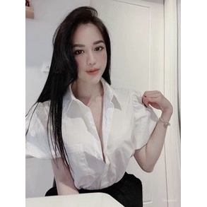SOMIVN: ÁO SƠ MI NỮ KIỂU TIỂU THƯ TAY PHỒNG MÀU TRẮNG CÔNG SỞ TÚI ZIP XỊN HÀNG CAO CẤP