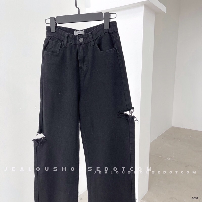Quần bò nữ, quần dài denim đen rách 2 bên đùi 5208