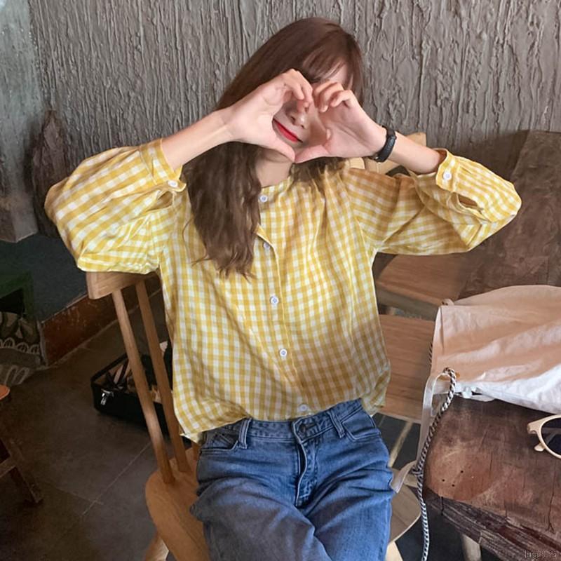 Áo Sơ Mi Nữ Dài Tay Cổ Tròn Ca Rô Thời Trang Hàn
