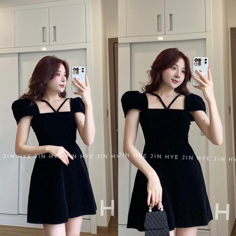 Váy nhung cứng tay hến dây ngực dáng ngắn Có Mút (hình thật) Đầm nhung sang chảnh Đen Đỏ