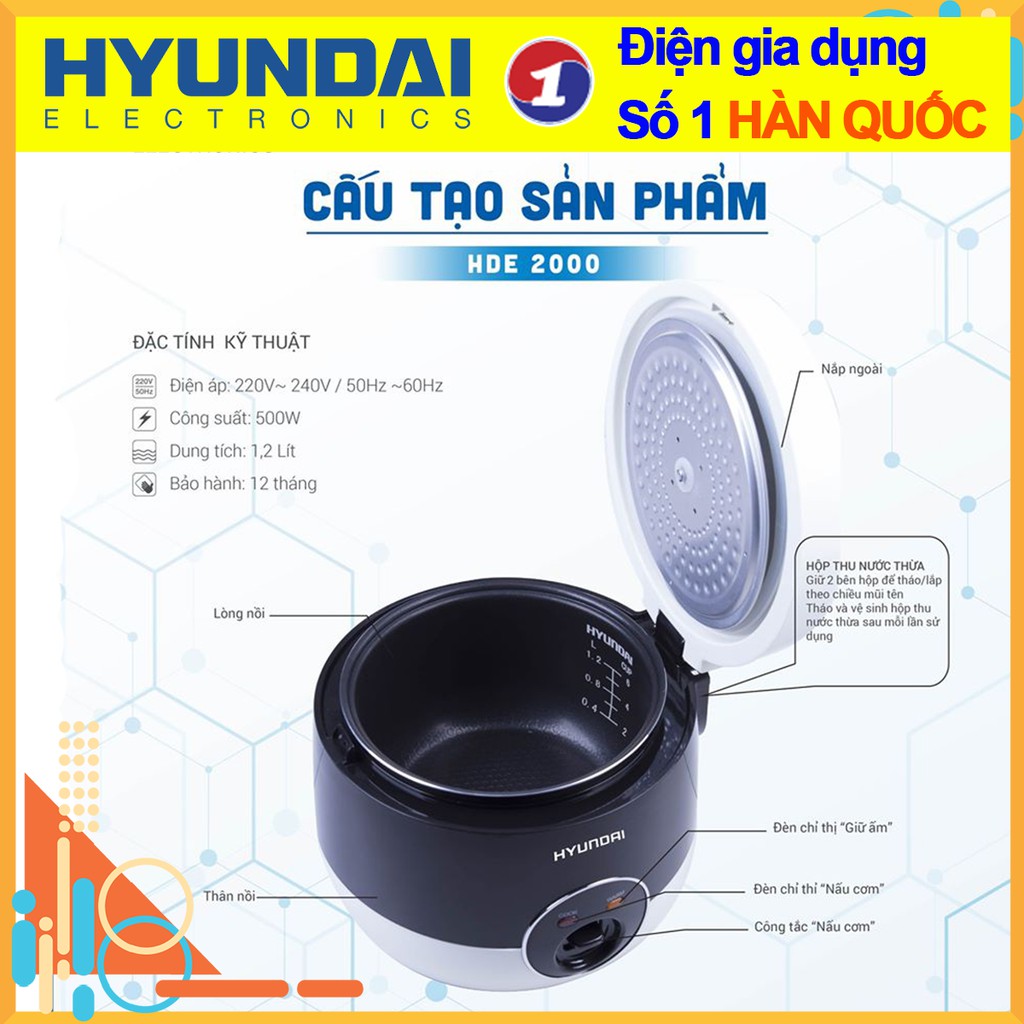 Nồi Cơm Điện Cơ  Hyundai Hàn Quốc HDE 2000R Công Suất 500W 1.2L Công Nghệ Nấu 3D giữ Nhiệt Lâu