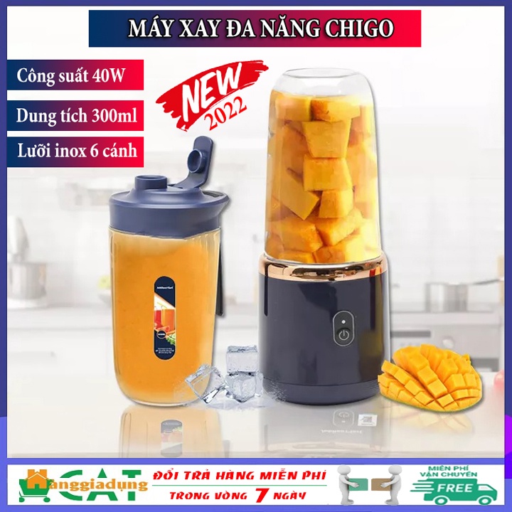 Máy xay sinh tố đa năng sạc pin Chigo dung tích 300ml - 6 lưỡi dao - 40W, xay tỏi ới, xây hoa quả