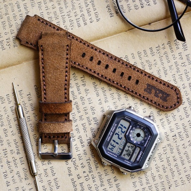 Dây đồng hồ RAM Leather 1960 cho CASIO 1200, AE 1200, 1300, 1100, A159 , A168 , Size 18 da bò lộn nâu