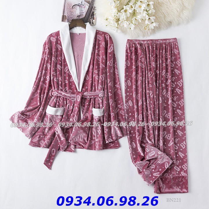 Đồ bộ mặc nhà cao cấp - Bộ ngủ quần dài tay dài mùa đông kiểu dáng pijama cột dây chất nhung siêu sang đẹp