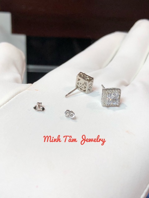 Bông tai bạc 925 nạm đá vuông xi kim cao cấp