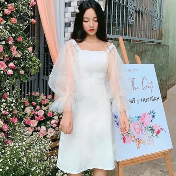 Đầm dự tiệc trắng tay phồng kết hạt siêu xinh [BAO ĐẸP, BAO XINH]