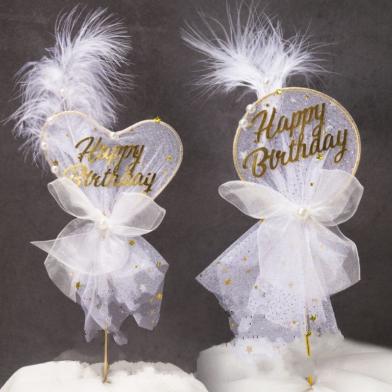 Phụ kiện trang trí bánh kem hình trái tim đính lông vũ thiết kế sang trọng