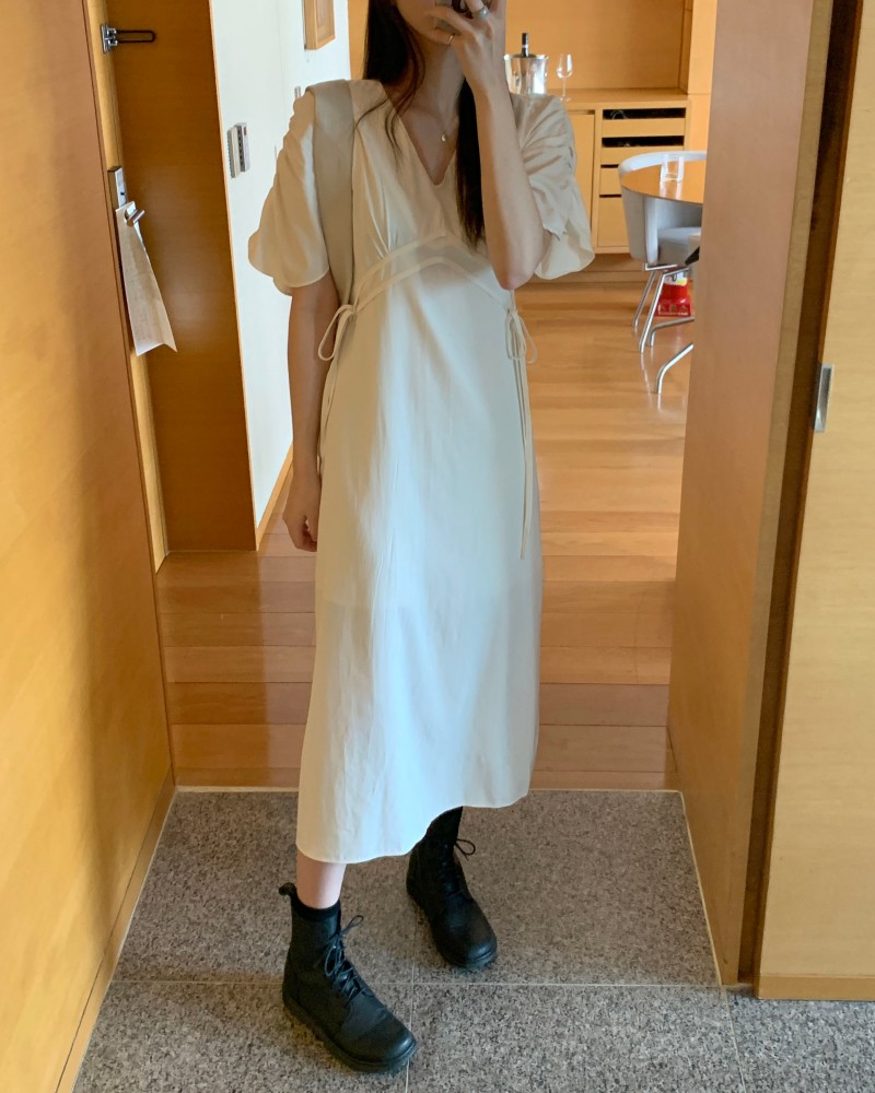 Đầm dáng dài Peppermint 42646 tay ngắn cổ chữ V phong cách Hàn Quốc thời trang cho nữ