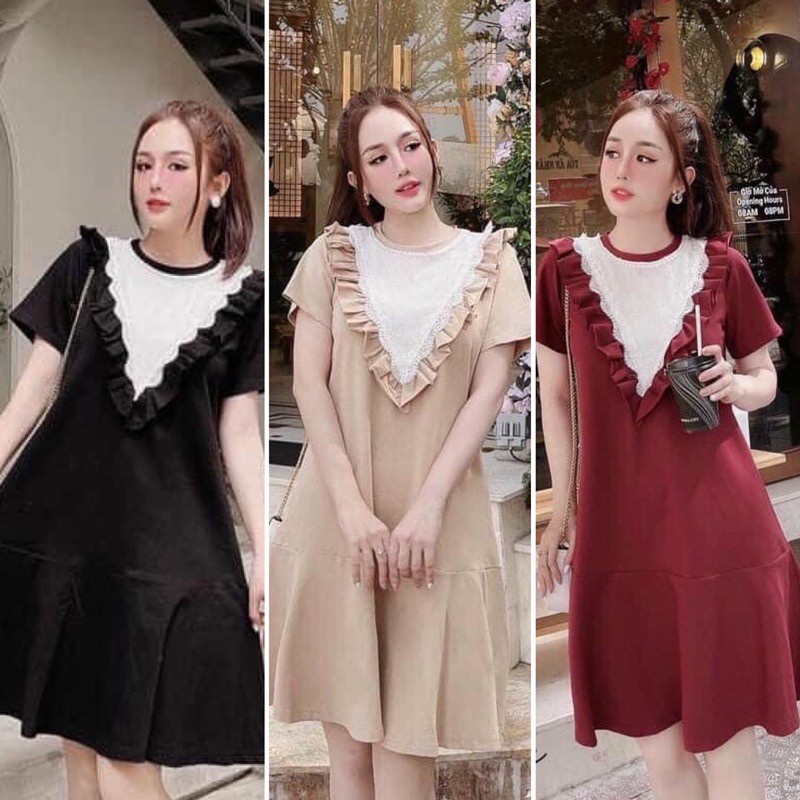 Đầm suông phối cổ ren lưới bigsize, đầm bầu (55-90kg)
