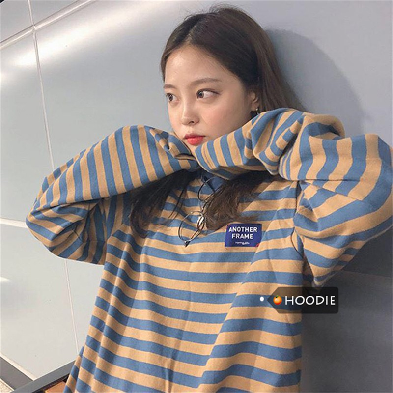 Áo sweater nữ tay dài kẻ sọc thêu chữ cái phong cách Hàn Quốc