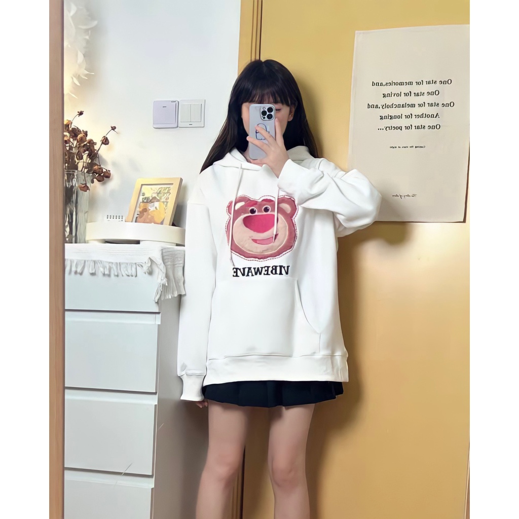 Áo Hoodie Nỉ Unisex Hình Gấu Hồng 🦋 Áo Nỉ Nam Nữ Dáng Thụng Dây Rút 2 Màu 🦋