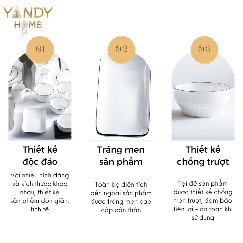 Bát đĩa gốm sứ YANDY HOME BB07 men trắng bóng viền đen trang sọng