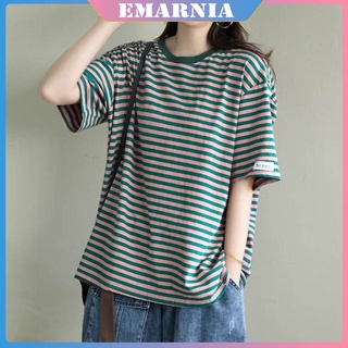 ❤️Emarnia Đào Béo Cô Gái Béo❤️Áo Thun Tay Ngắn Dáng Rộng Họa Tiết Kẻ Sọc Màu Tương Phản Thời Trang Hàn Quốc Cho Nữ Size M-4XL
