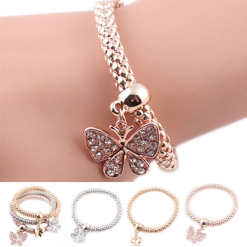 Bộ 3 Vòng Tay Nhiều Lớp Mặt Hình Trái Tim / Bướm / Trái Tim Thời Trang