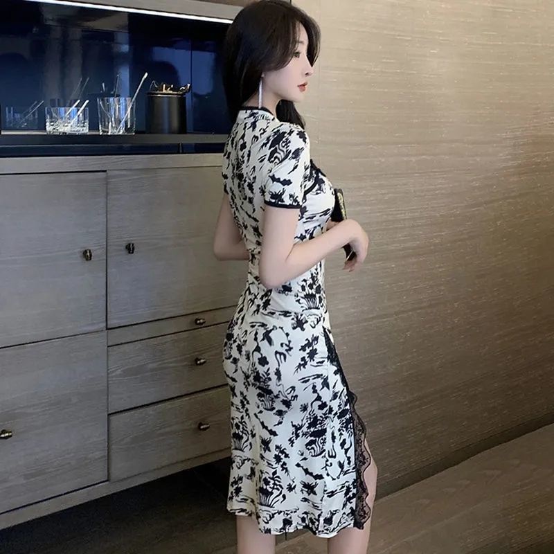 Đầm Sườn Xám In Họa Tiết Phong Cách Retro Thời Trang Cho Nữ