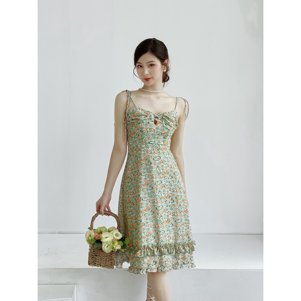Váy voan hoa nhí 2 dây dáng A cổ cách điệu LYRA, chất voan lụa cao cấp xinh xắn-LWTVD483