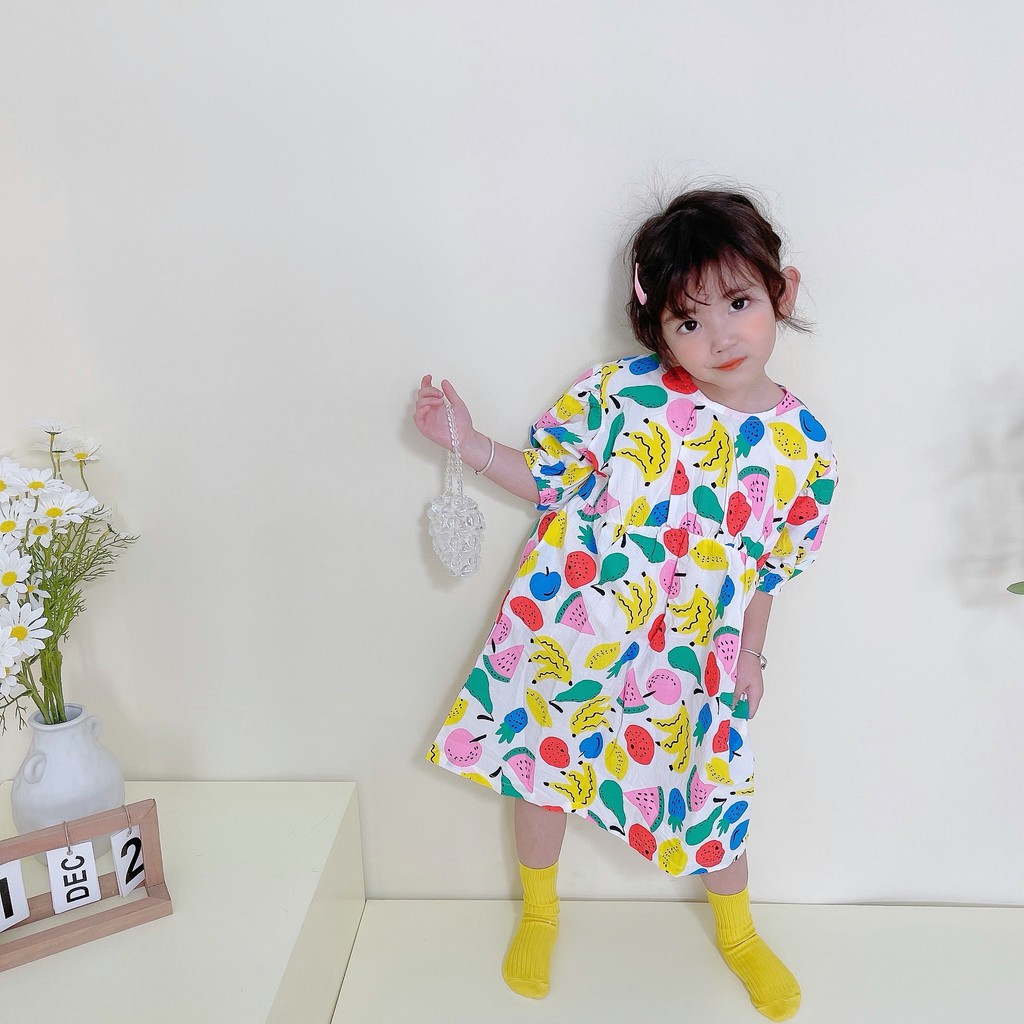 Váy Cổ Tròn In Họa Tiết Dễ Thương Cho Bé Gái