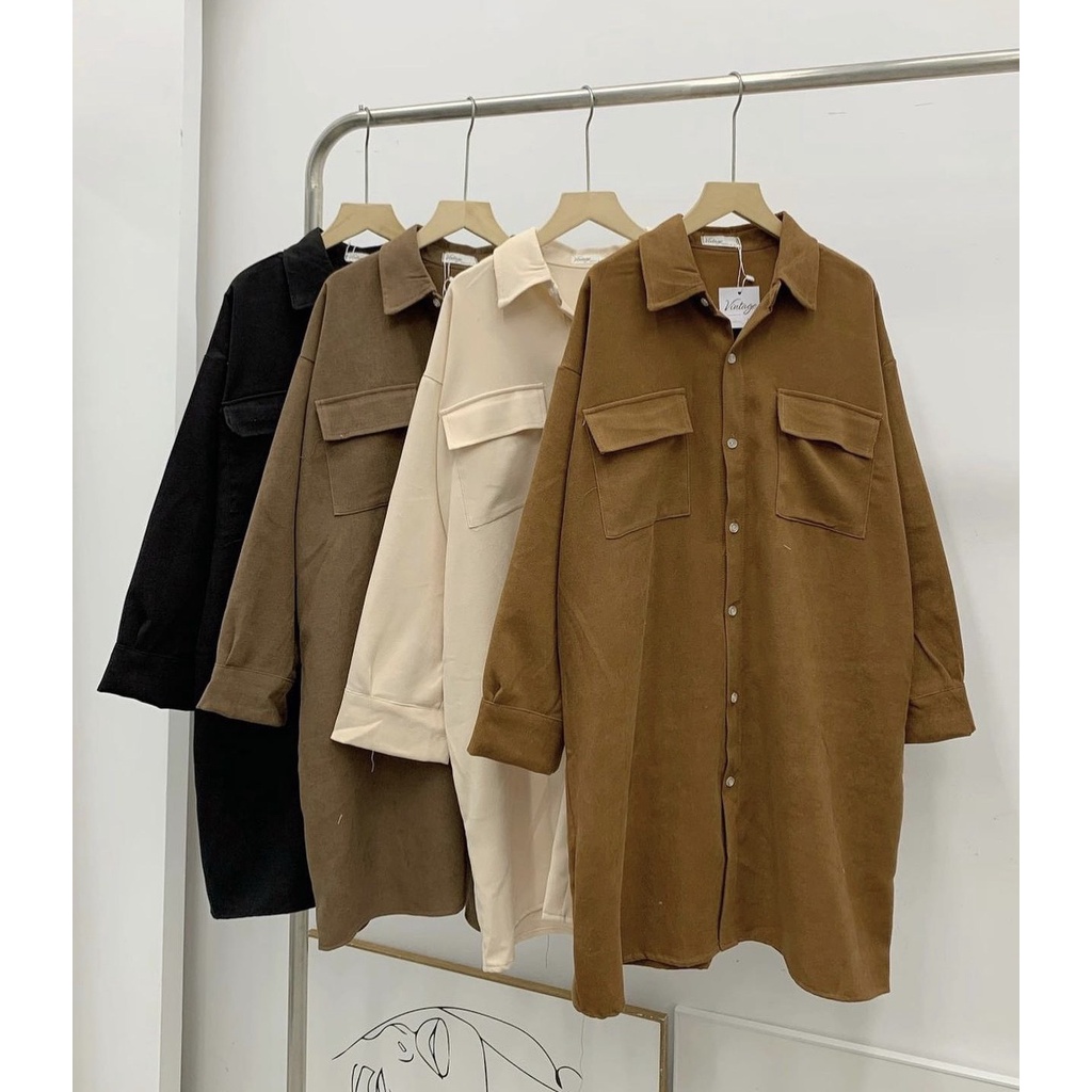 [Ảnh thật/Sẵn] Váy sơ mi trơn basic dáng suông chất nhung tăm dài tay form rộng oversize