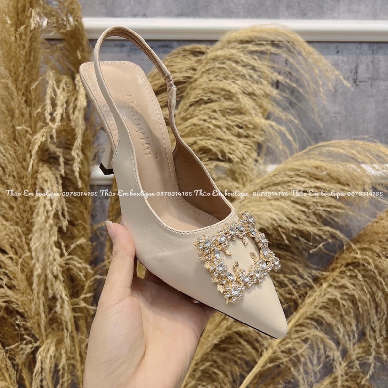 Giày cao gót mũi nhọn đính hoa đá 7 phân gót nhọn