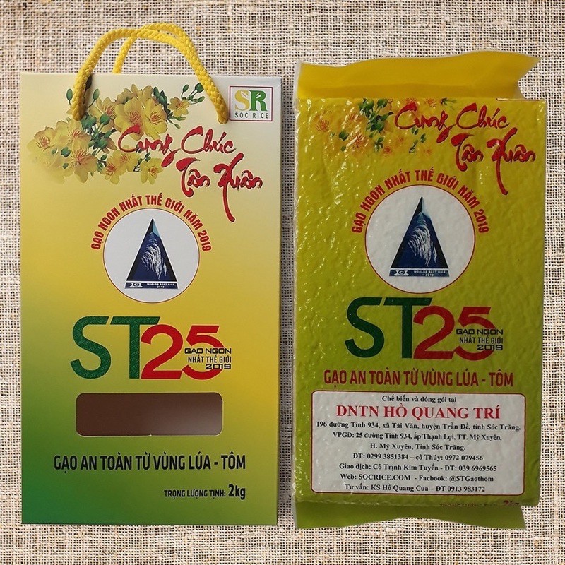Túi 2kg gạo ST25 hữu cơ lúa tôm Hồ quang Cua đạt giải Gạo ngon nhất thế giới 2019