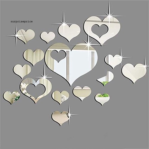 Set 16 Miếng Dán Tường Hình Trái Tim 3d Bằng Nhựa Acrylic Xinh Xắn