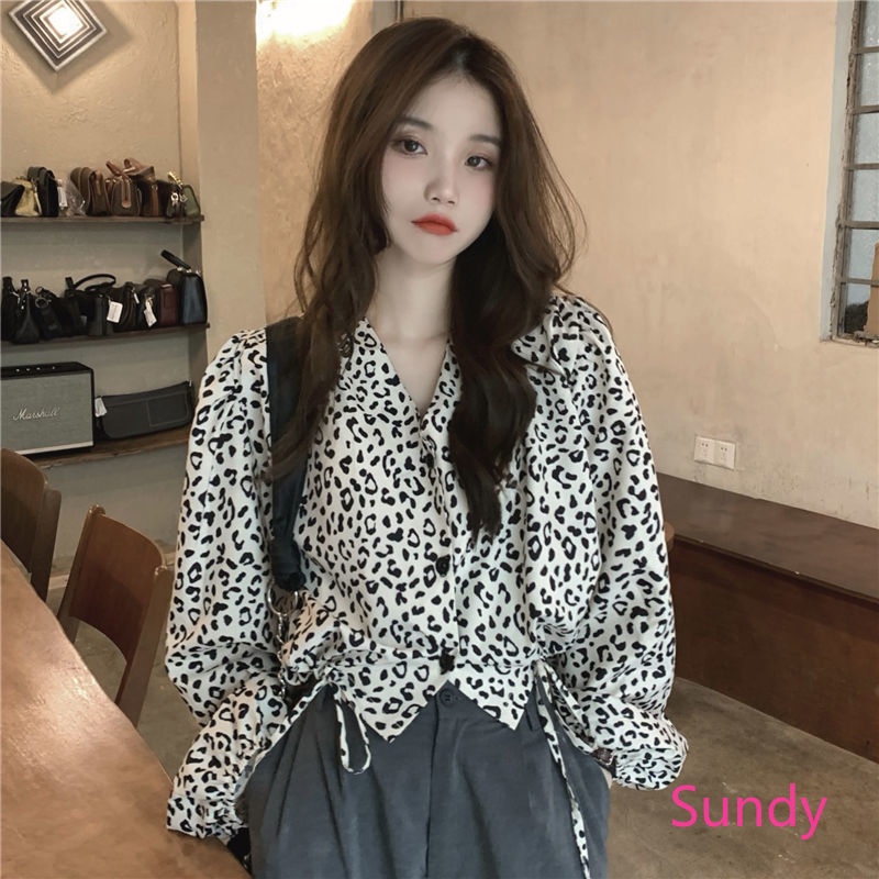 Áo Kiểu Tay Dài Cổ Chữ V Phối Dây Rút In Họa Tiết Da Báo Thời Trang Xuân Cá Tính Cho Nữ