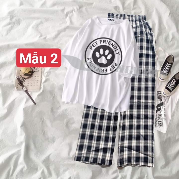 Sét bộ áo thun hình cute 5 + quần kẻ ống rộng  90