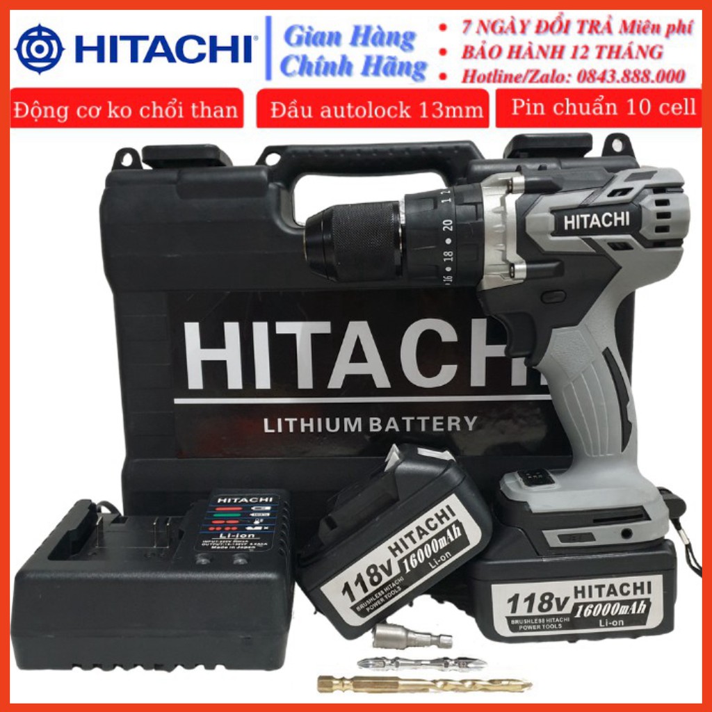 [CHÍNH HÃNG] Máy Khoan pin KHÔNG CHỔI THAN HITACHI 118V 3 chức năng, CÓ BÚA, LÕI ĐỒNG, PIN KHỦNG 10 CELL - TẶNG MŨI BẮN 